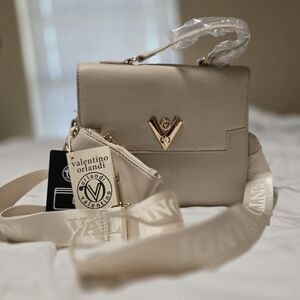 Valentino Orlandi Beige Crossbody Bag with Gold Accent